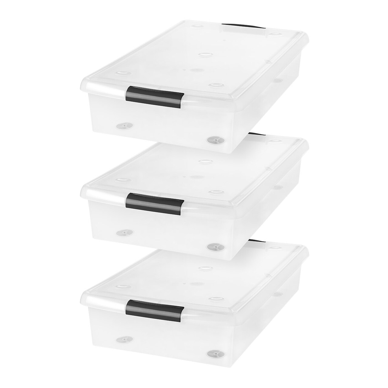 IRIS USA 40 Qt Plastic Under Bed Storage Stackable Nestable Organizer Bin Container with Secure Lids and Durable Black Buckles, Multi-Purpose for Clothes, Shoes, and Bedding, Clear, 3 Pack